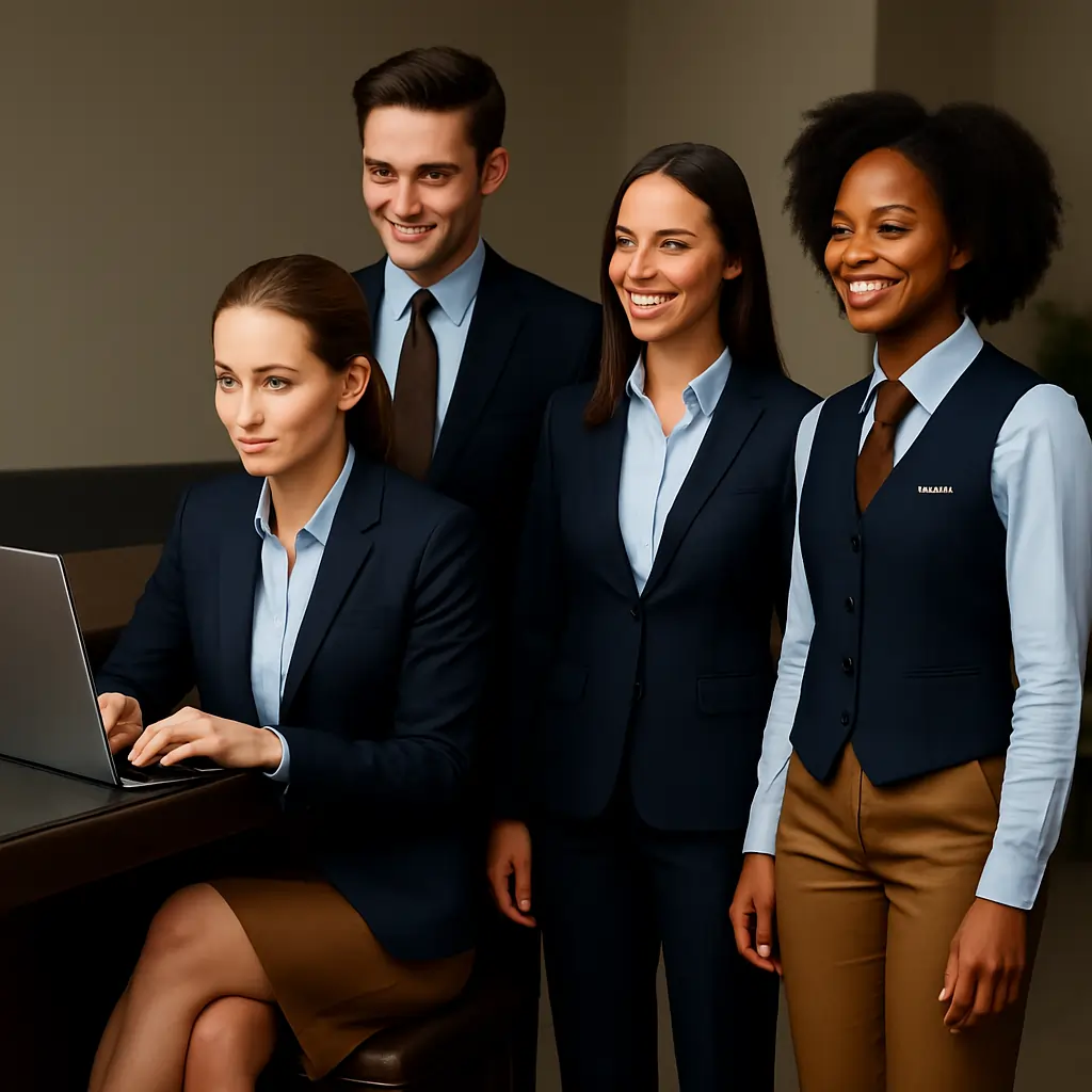 Profissionais vestindo uniformes executivos LF Uniformes em ambiente corporativo